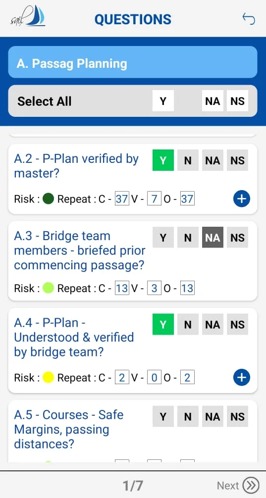 SAIL mobile app — inspection questions